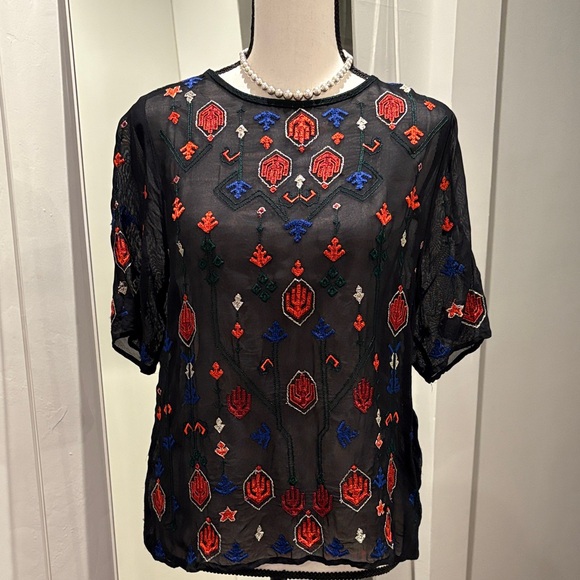 Lucky Brand Tops - Lucky Brand Black Sheer Blouse with Red and Blue Embroidery